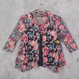 Ali Miles 2 In 1 Top Womens Large Sheer Paisley Embroidered Cowl Neck Whimsical